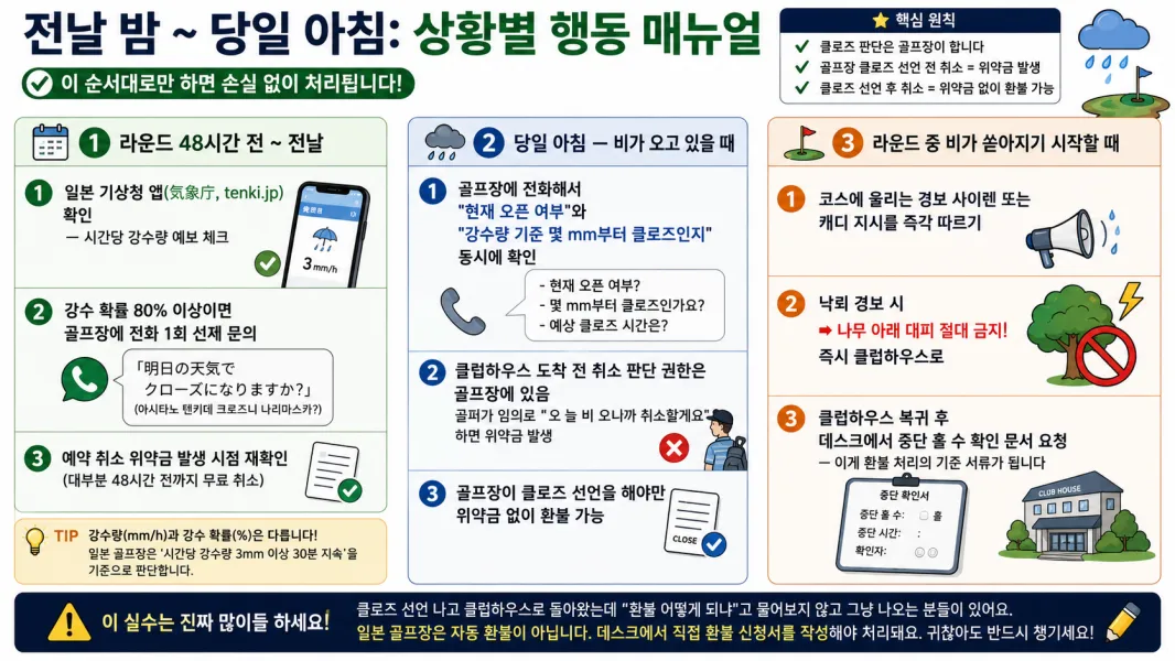 푸른 잔디 필드 위를 이동하는 골프백이 실린 노캐디 GPS 카트 전경과 일본 골프장 셀프 라운딩 실전 이용 방법 가이드 본문 삽입 이미지