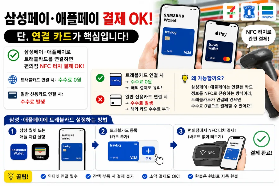 아이폰 또는 삼성 갤럭시 폰을 일본 편의점 NFC 리더기에 가까이 대어 결제하는 클로즈업 사진