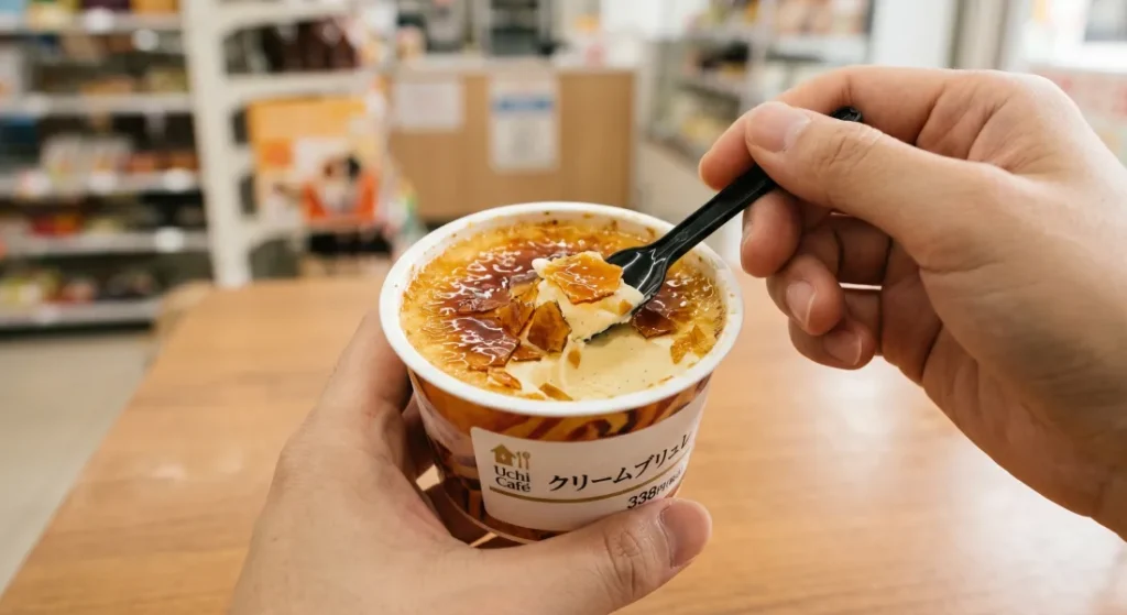 로손 편의점 크림브륄레 아이스크림의 단단한 카라멜 층을 숟가락으로 깨트리는 순간의 사진