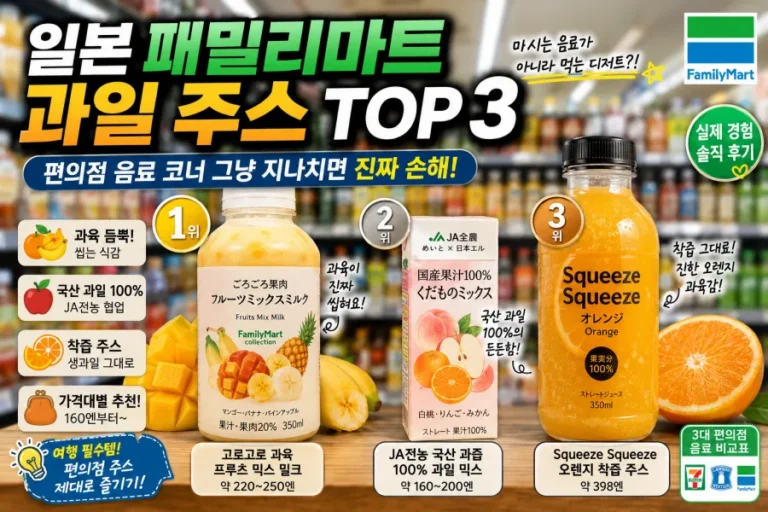 일본 패밀리마트의 과육 믹스 밀크, JA전농 국산 과즙 100%, 스퀴즈 스퀴즈 오렌지 착즙 주스 3종