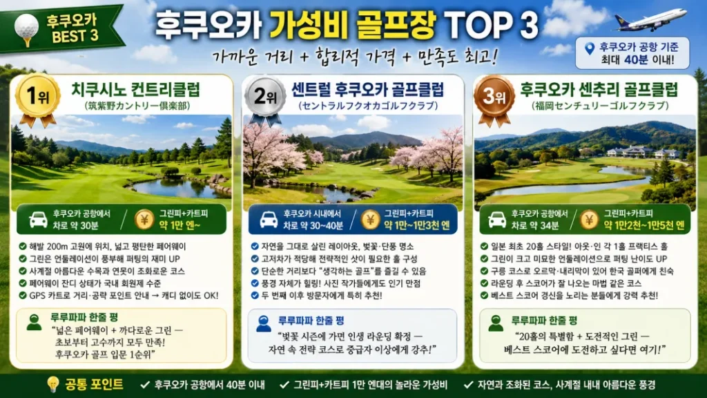 후구오카 타워 도심 야경 전경과 푸른 골프장 필드가 조화를 이룬 후쿠오카 2박 3일 골프 자유여행 추천 실전 일정 안내 본문 삽입 이미지