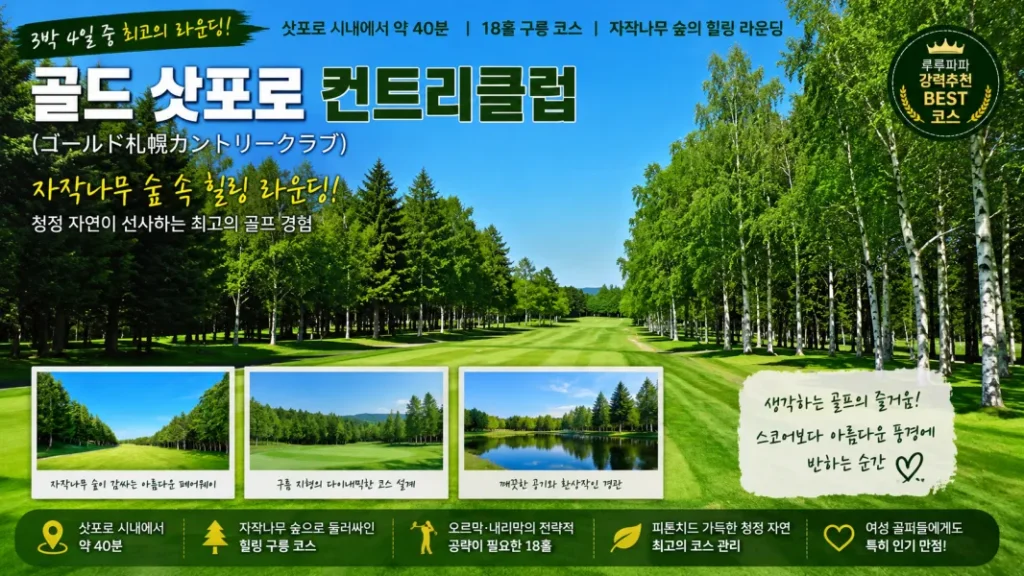 청량한 자작나무 숲길 사이로 길게 뻗어 있는 구릉 지형 레이아웃의 골드 삿포로 컨트리클럽 필드 전경