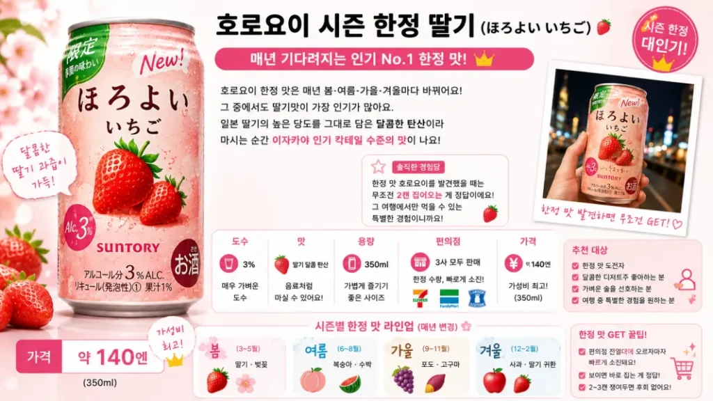 일본 여행 중 봄 또는 겨울 시즌 한정판으로만 만날 수 있는 희소성 높은 호로요이 딸기 맛 캔 이미지