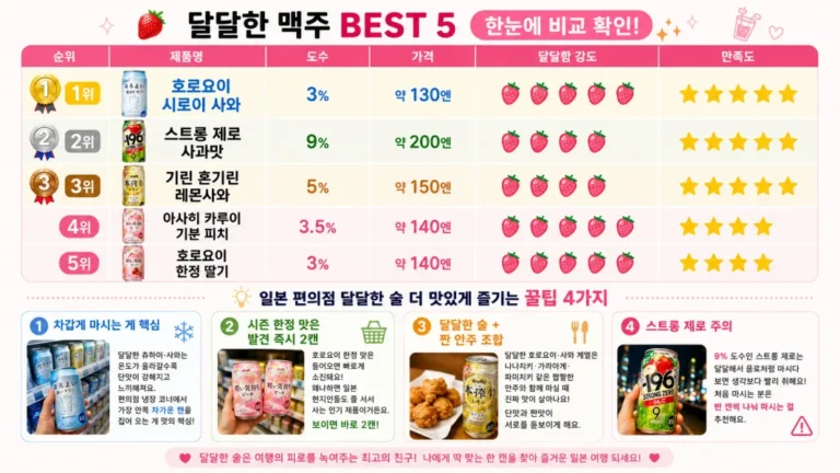 세븐일레븐, 로손, 패밀리마트별 대표 달달한 술 라인업과 최강 디저트 안주 조합을 정리한 인포그래픽