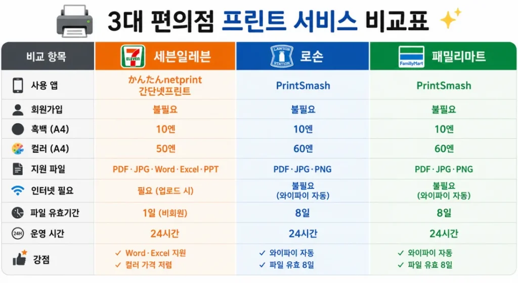 3대 편의점별 프린트 요금과 지원 파일 형식을 비교한 정보형 인포그래픽 이미지