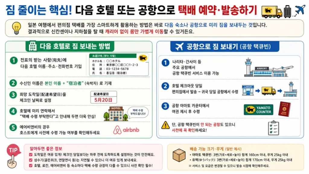 일본 편의점에서 출발하여 나리타, 간사이 공항 카운터에서 캐리어를 수령하는 공항 택큐빈 배송 시스템 안내 이미지