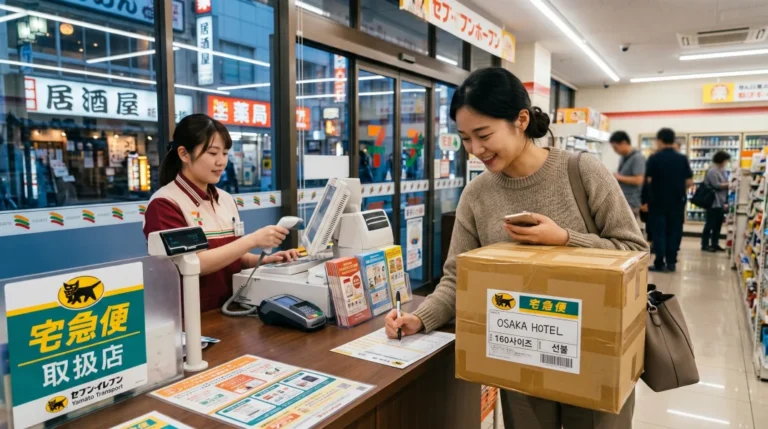세븐일레븐, 로손, 패밀리마트 로고와 캐리어 배송 서비스 가격이 포함된 일본 편의점 택배 이용 방법 종합 가이드 메인 썸네일 이미지