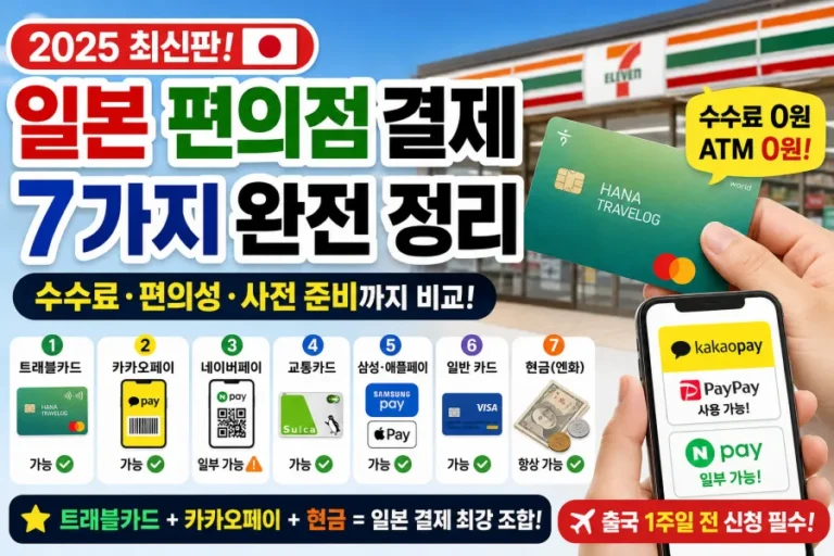 일본 편의점 계산대에서 트래블로그 또는 트래블월렛 카드를 비접촉 NFC 단말기에 터치하여 결제하는 사진