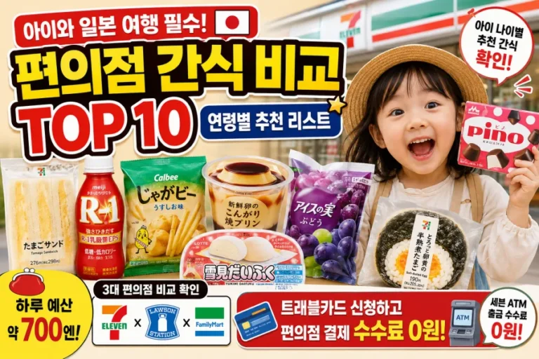 아이와 일본 여행 시 추천하는 편의점 간식 TOP 10 비교 리스트와 연령별 추천 제품, 하루 예산 700엔 가이드가 포함된 메인 썸네일 이미지