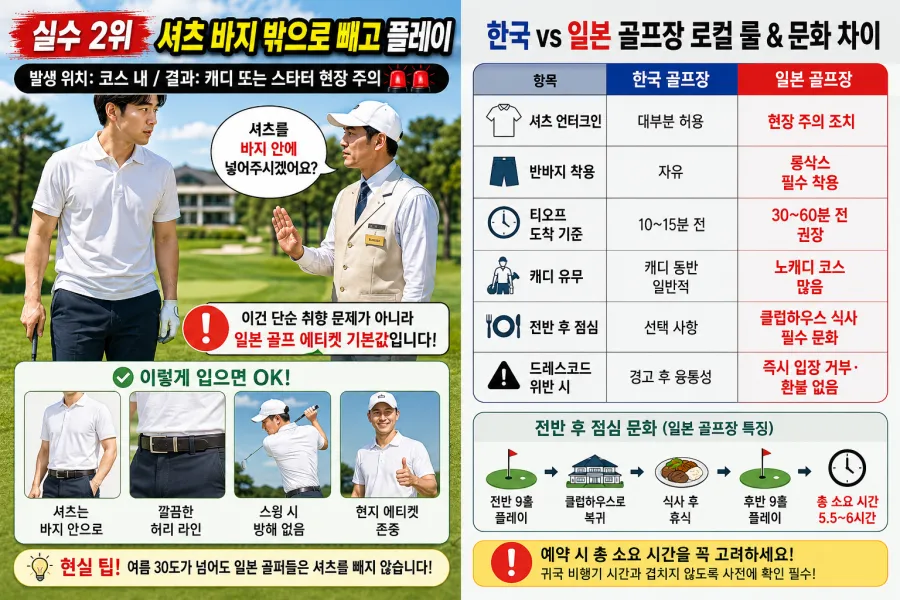 후지산 전경이 펼쳐진 일본 명문 CC 골프장 필드 위에서 드라이버 스윙을 하는 골퍼의 실루엣과 일본 골프장 복장 규정 및 필수 매너 가이드 메인 썸네일