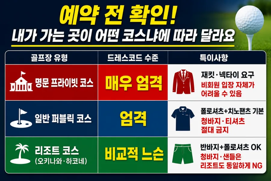 청바지 착용, 카라 없는 상의, 클럽하우스 내 모자 착용 등 한국인 골퍼가 일본 골프장에서 가장 많이 하는 실수 BEST 3를 요약한 본문 삽입용 인포그래픽 이미지