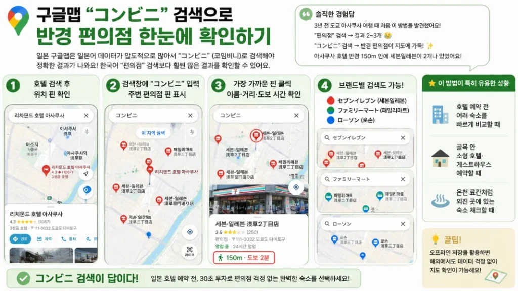구글맵 검색창에 일본어로 편의점(コンビニ)을 검색하여 주변 위치를 확인하는 화면 스크린샷
