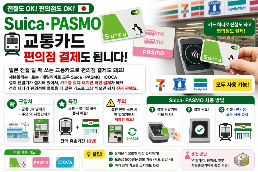 일본 편의점 단말기에 이카(Suica) 또는 파스모(PASMO) 교통카드를 올려놓고 결제하는 모습