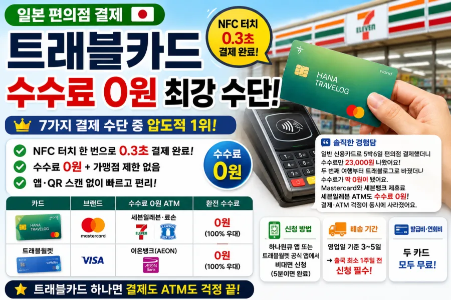 일본 편의점 계산대에서 트래블로그 또는 트래블월렛 카드를 비접촉 NFC 단말기에 터치하여 결제하는 사진