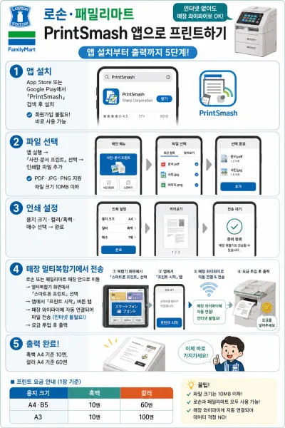 로손과 패밀리마트에서 사용하는 'PrintSmash' 앱의 와이파이 자동 연결 및 전송 화면