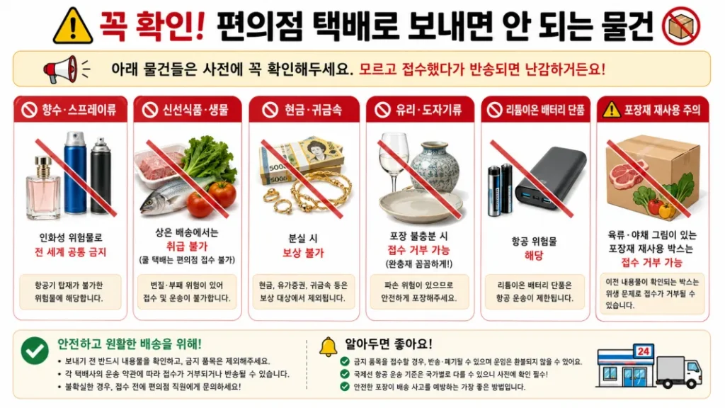 향수, 스프레이, 리튬 배터리, 신선식품 등 일본 편의점 택배 접수 시 거부되거나 반송될 수 있는 금지 물품 요약 안내 이미지
