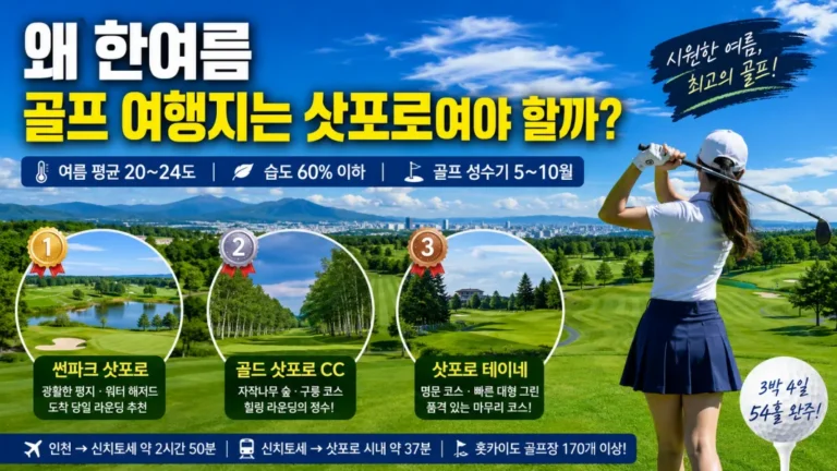 맑고 푸른 홋카이도 하늘 아래 자작나무 숲으로 둘러싸인 삿포로 골프장 필드 전경과 3박 4일 가성비 자유여행 후기 메인 썸네일