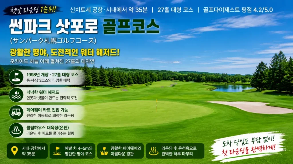 이시카리 평야의 광활한 하늘과 평탄한 페어웨이, 연못 해저드가 조화를 이룬 썬파크 삿포로 골프코스 전경 이미지